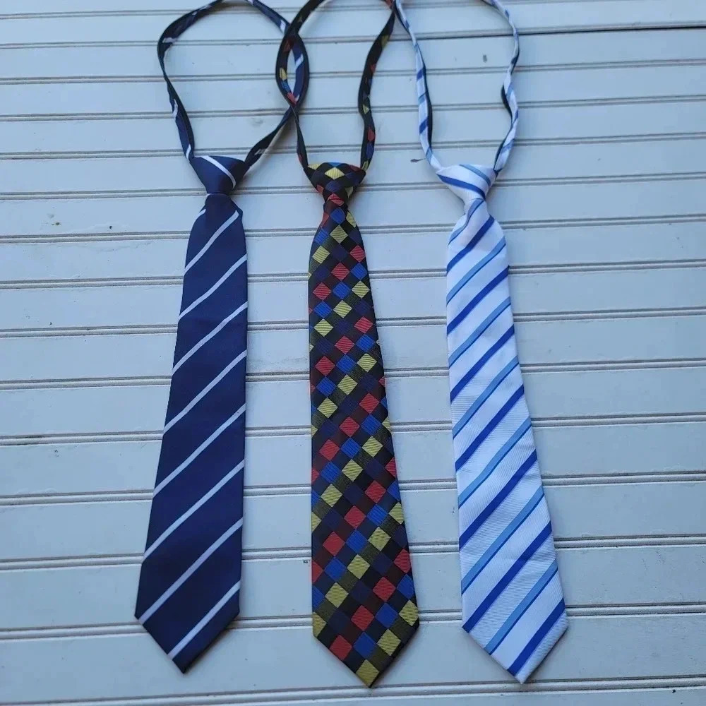 Lot Of 3 Neck Tie Blue Purple Teal Striped Zippered 100% Silk Easy Wear
